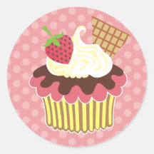 Strawberry & Whipped Cream Cupcake Round Stickers