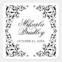 Stylish Black and White Swirls Wedding Seals Square Sticker