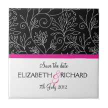 Stylish black white flowers "Save the date" Tile