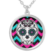 Sugar skull on chevron stripes pattern pendants