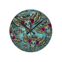 Sugar skull owl pattern in blue pink and yellow. wall clocks