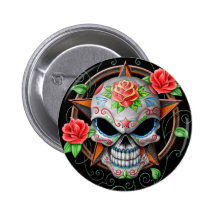 Sugar Skull Star, black Pinback Buttons