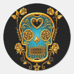 Sugar Skull with Roses, yellow and blue Round Sticker