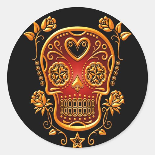 Sugar Skull with Roses, yellow and red Sticker