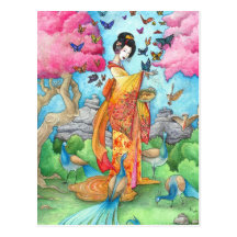 Summer Maiko Geisha Butterfly Peacock Art Postcard