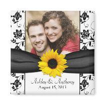 Sunflower Black and White Damask Wedding Magnet