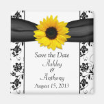 Sunflower Black White Damask Wedding Save the Date Fridge Magnets