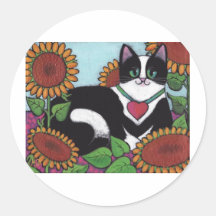 Sunflower Cat Round Stickers