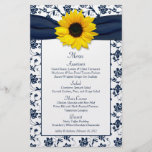 Sunflower Navy Blue White Damask Wedding Menu Card Custom Flyer
