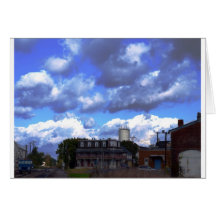 sunrise over town greeting cards