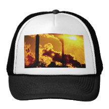 Sunset on pulp mill accentuates the air pollution trucker hats