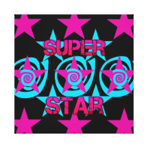 Super Star Hot Pink Teal Swirls Stars Pattern Stretched Canvas Prints