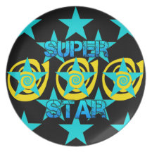 Super Star Teal Yellow Swirls Stars Pattern Plate