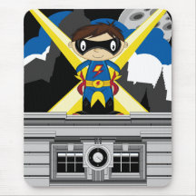 Superhero Boy on Rooftop Mouse Pads