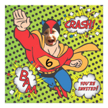Superhero comic book birthday party photo card invitations
