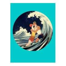 Surfer Lovers Kissing Vintage Illustration Postcards