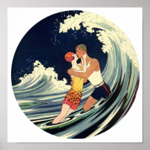 Surfer Lovers Kissing Vintage Illustration Poster