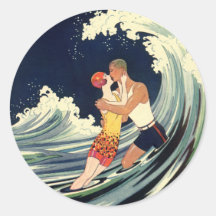 Surfer Lovers Kissing Vintage Illustration Round Sticker
