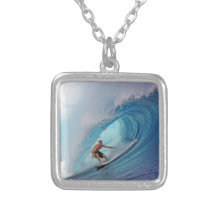 Surfing large blue wave Mentawai Islands Necklace