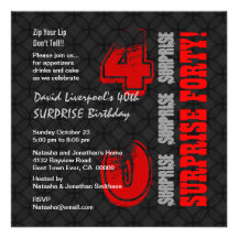 SURPRISE 40th Modern Birthday Black Red W588 Custom Invite