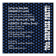 SURPRISE 70th Birthday Blue and Black Stars Custom Invites