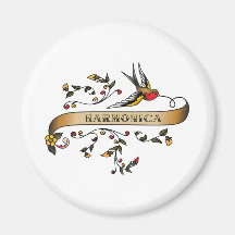 Swallow and Scroll with Harmonica Fridge Magnet