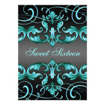 Sweet16 Black/Blue Damask & Tiara Birthday Invite