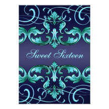 Sweet16 Dark Blue Damask & Tiara Birthday Invite