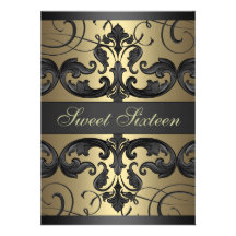 Sweet16 Gold/Black Damask & Tiara Birthday Invite