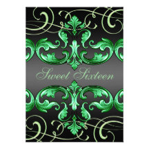 Sweet16 Green/Black Damask & Tiara Birthday Invite