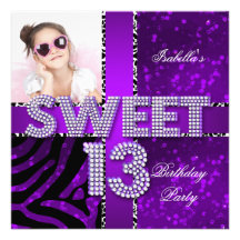 Sweet 13 13th Birthday Zebra Glitter Purple Black Personalized Announcements