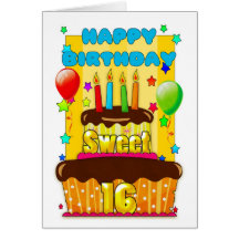 sweet 16 birthday cake with candles - happy 16th b greeting card