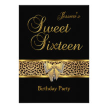 Sweet 16 Birthday Gold Black Leopard bow Personalised Announcements
