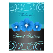 Sweet 16 Blue/Black Flower & Tiara Birthday Invite