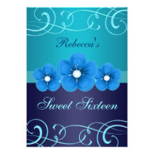 Sweet 16 Blue Flower & Tiara Birthday Invite