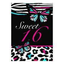 Sweet 16 Invitation Bright Butterfly & Zebra Print