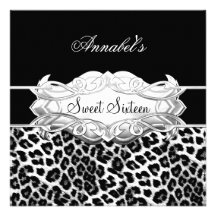 Sweet 16 Party Elegant Black White Leopard Custom Announcements