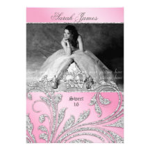 Sweet 16 Party Invite Glitter Leaves Pink Crown