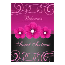 Sweet 16 Pink/Black Flower & Tiara Birthday Invite