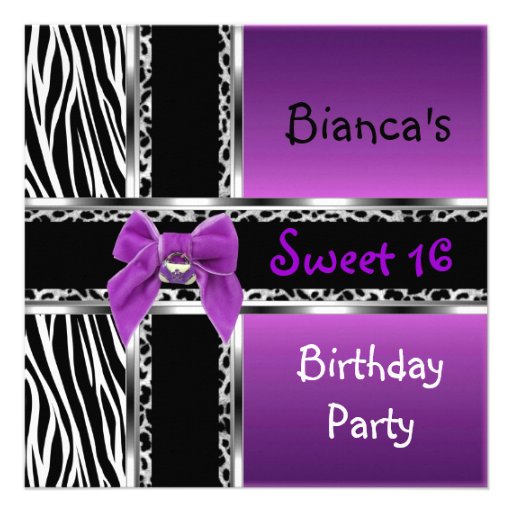 Sweet 16 Purple Pink Silver Black Zebra Leopard Personalised Invitation