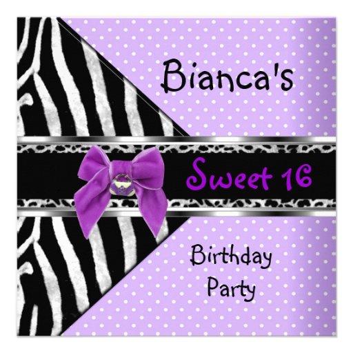 Sweet 16 Purple Spot Silver Black Zebra Leopard Personalised Invitations