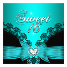 Sweet 16 Sixteen Aqua Blue Black Lace Personalized Invitations