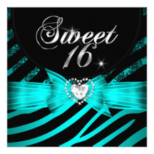 Sweet 16 Sixteen Aqua Blue Black Zebra Custom Invite