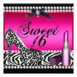 Sweet 16 Sixteen Hot Pink Lipstick Zebra Leopard Custom Announcements