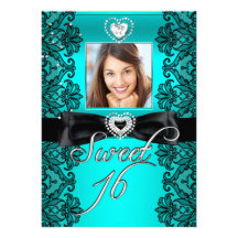 Sweet 16 Sweet Sixteen Teal Black Lace Photo Custom Invite