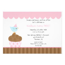 Sweet Bird on Cupcake Birthday Invitation