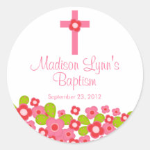 Sweet Cross Pink Floral Baptism Favour Seal Round Stickers