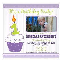 Sweet Cupcake 1st Birthday Party Invitation Purple
