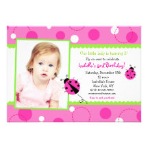 Sweet Ladybug Pink Green Photo Birthday Invitation