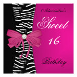 Sweet Sixteen 16 16th Bright Pink Zebra Black Bow Announcements